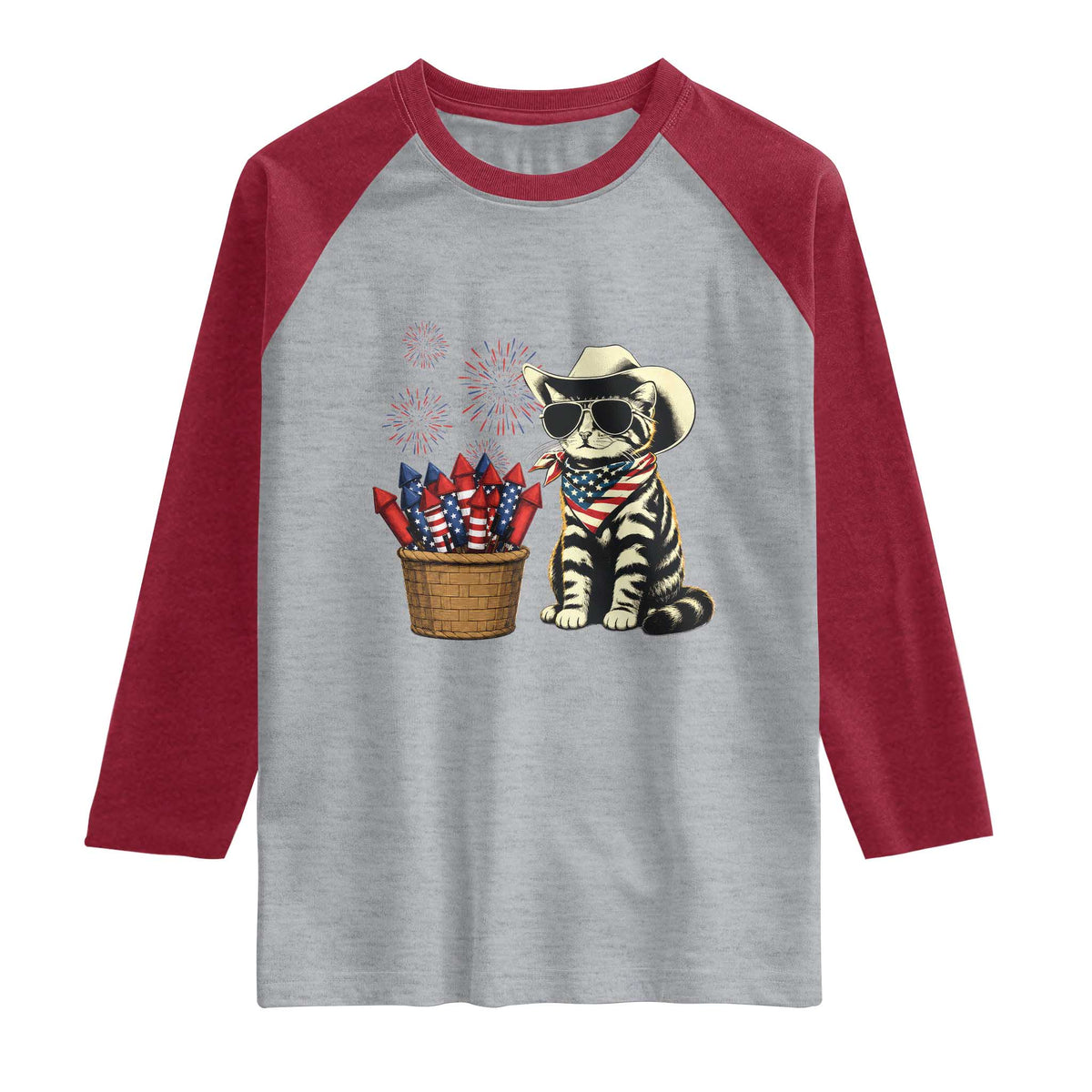Patriotic Cowboy Cat Raglan Shirt 4th Of July Fireworks Celebration