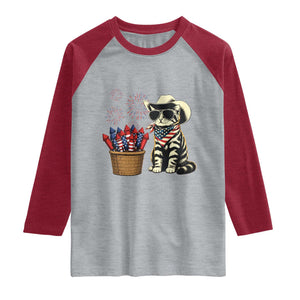 Patriotic Cowboy Cat Raglan Shirt 4th Of July Fireworks Celebration