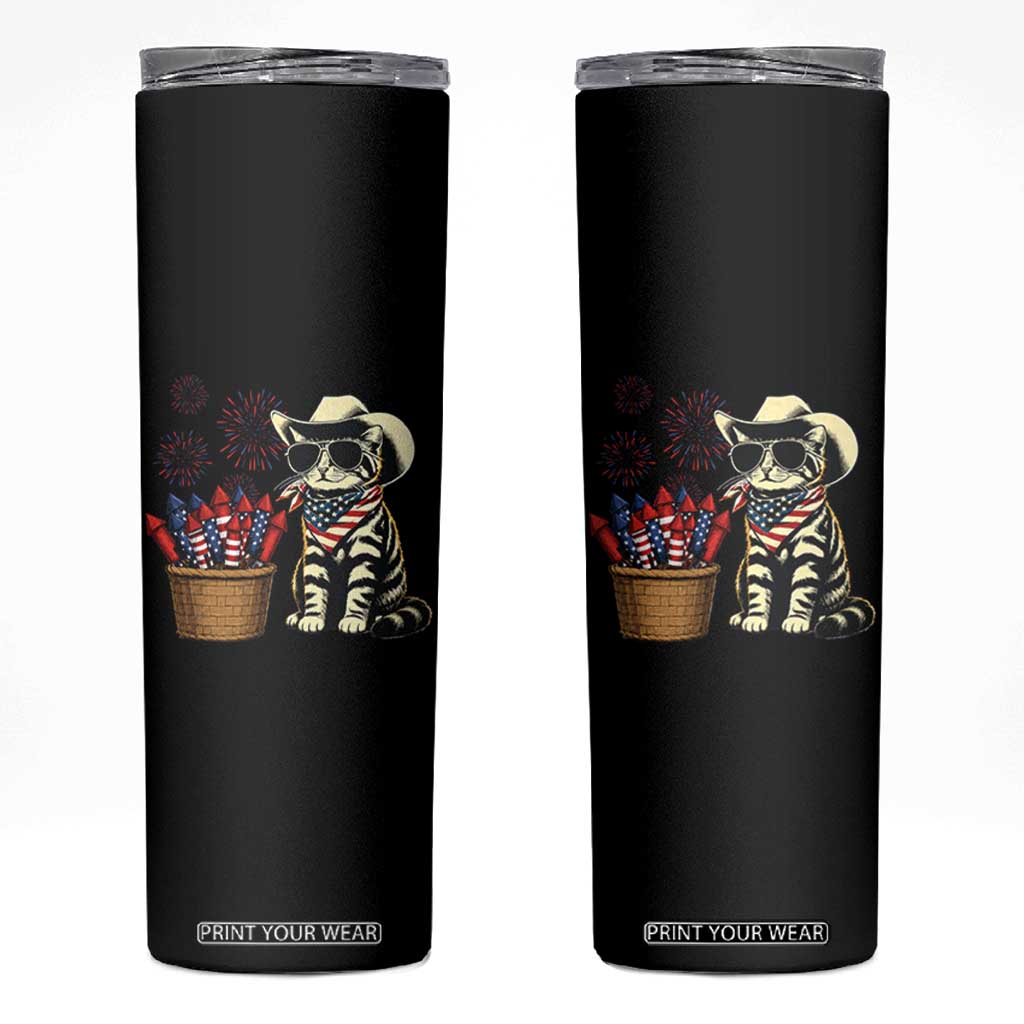 Patriotic Cowboy Cat Skinny Tumbler 4th Of July Fireworks Celebration