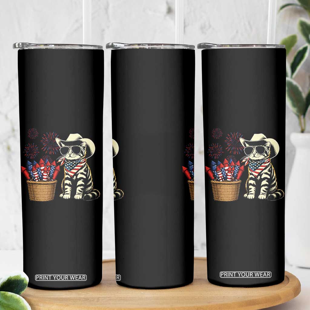 Patriotic Cowboy Cat Skinny Tumbler 4th Of July Fireworks Celebration