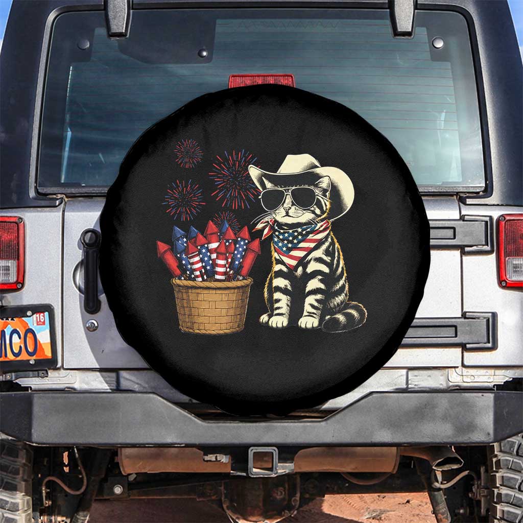 Patriotic Cowboy Cat Spare Tire Cover 4th Of July Fireworks Celebration TS12 No hole Black Print Your Wear