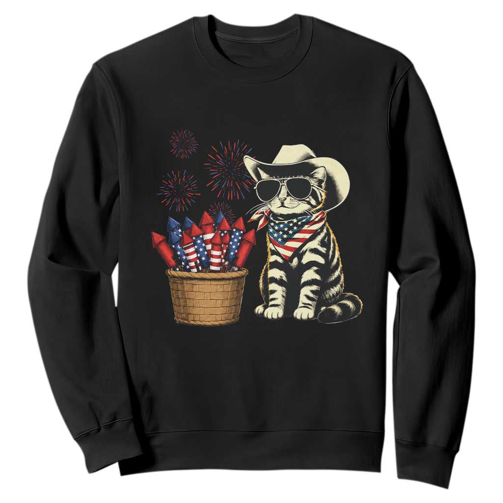 Patriotic Cowboy Cat Sweatshirt 4th Of July Fireworks Celebration