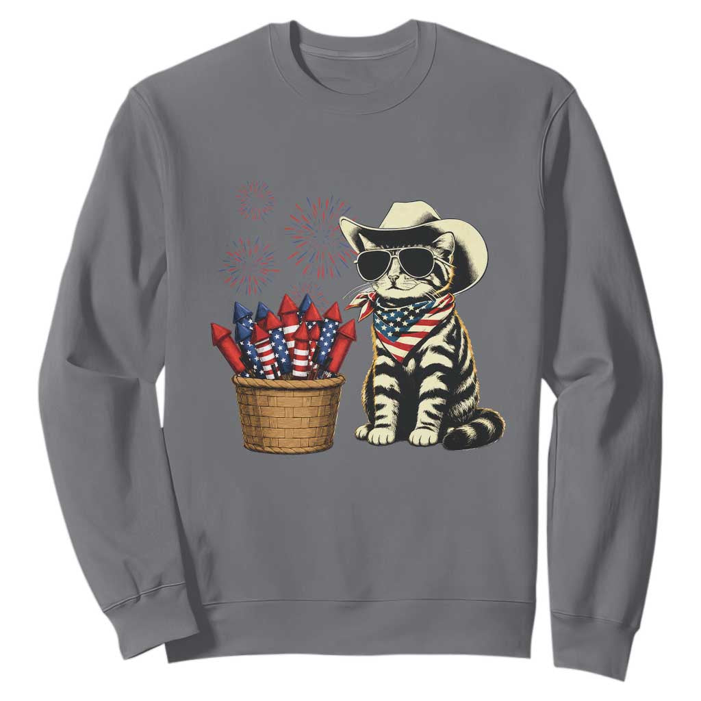 Patriotic Cowboy Cat Sweatshirt 4th Of July Fireworks Celebration