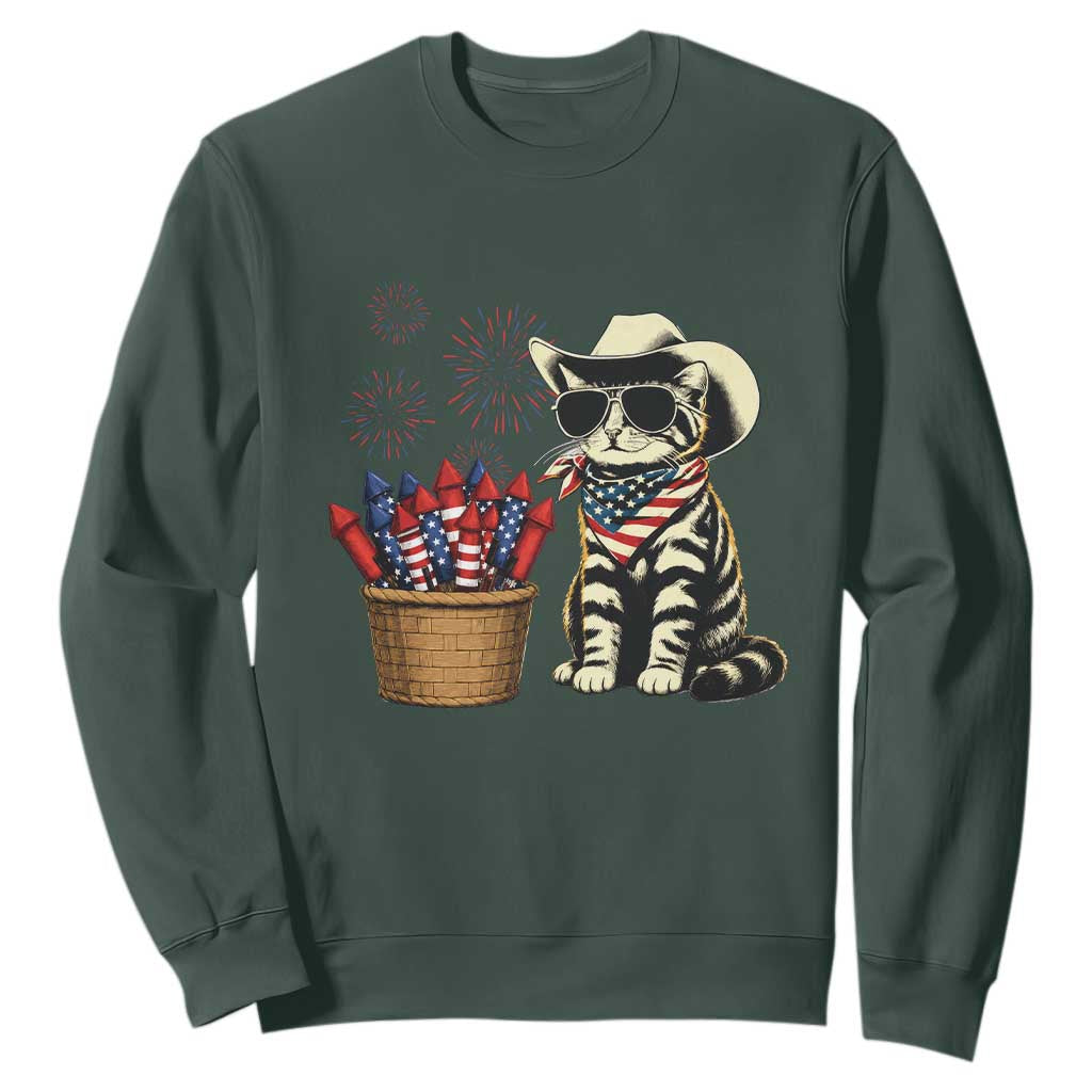 Patriotic Cowboy Cat Sweatshirt 4th Of July Fireworks Celebration