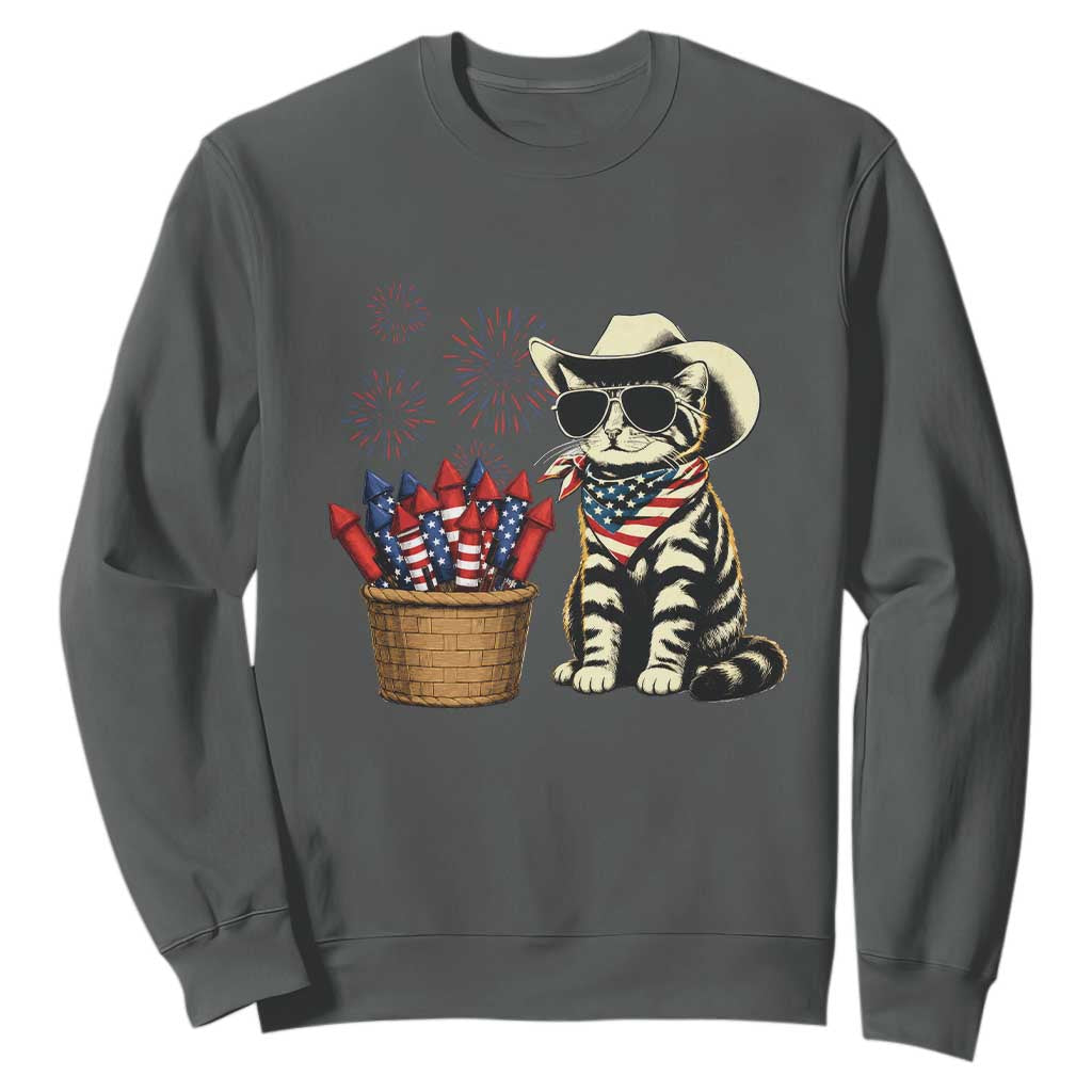 Patriotic Cowboy Cat Sweatshirt 4th Of July Fireworks Celebration