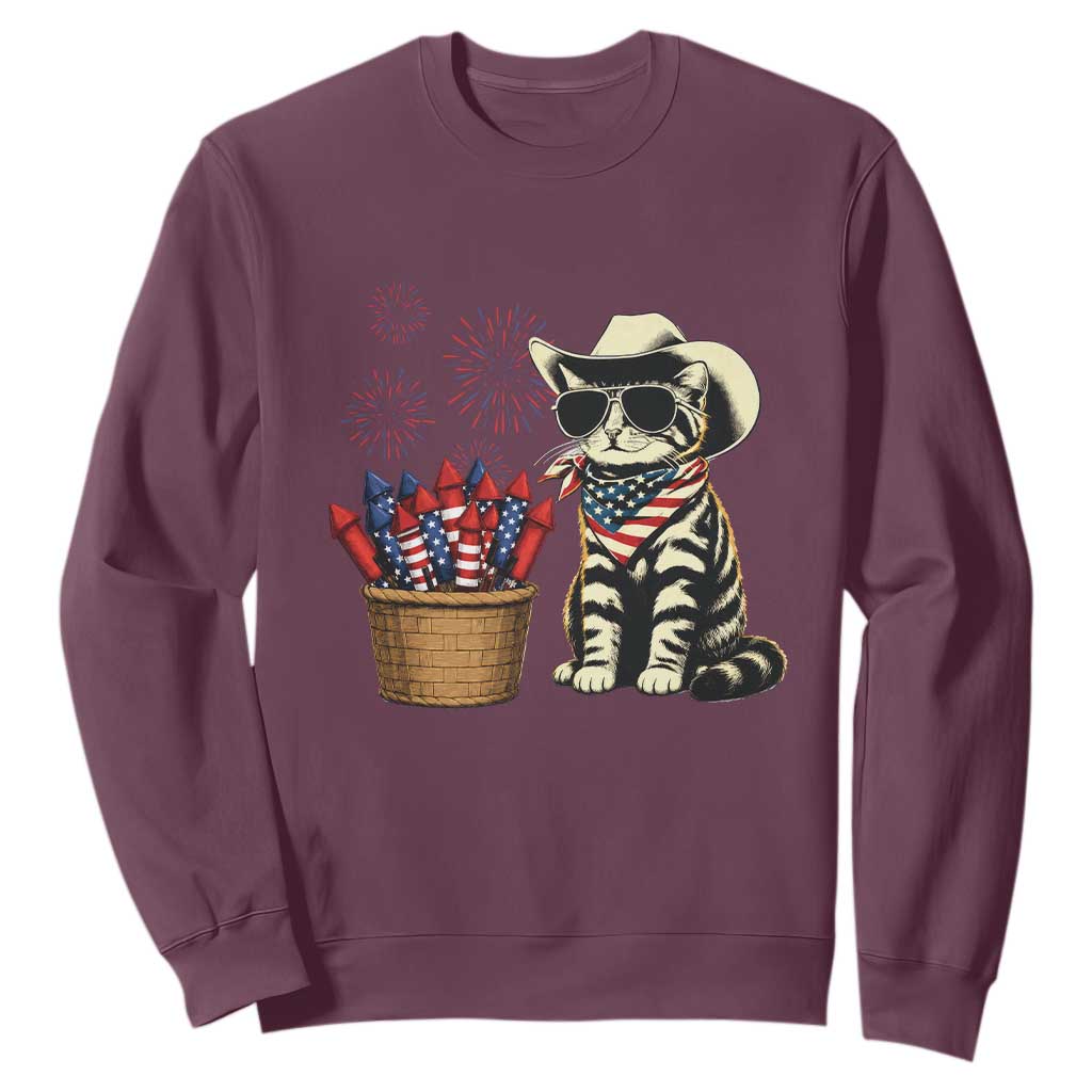 Patriotic Cowboy Cat Sweatshirt 4th Of July Fireworks Celebration