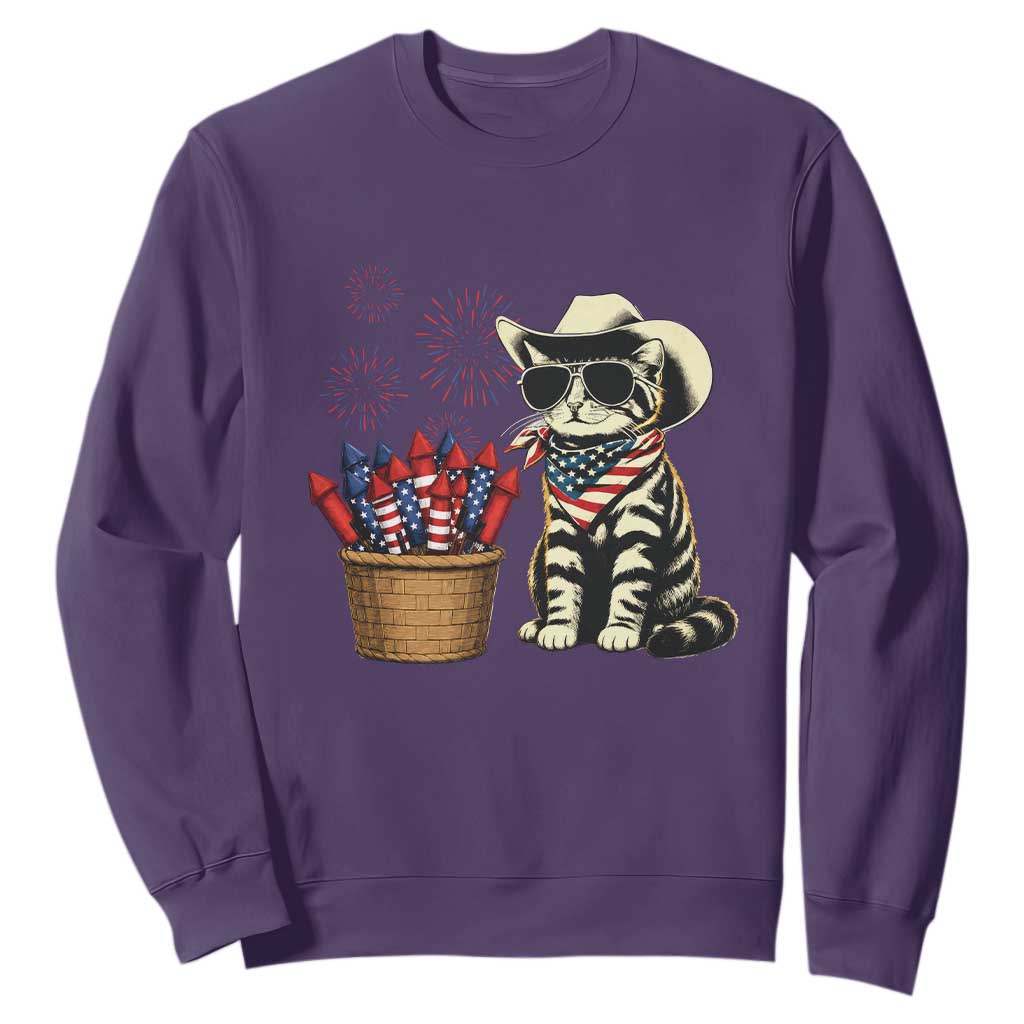 Patriotic Cowboy Cat Sweatshirt 4th Of July Fireworks Celebration