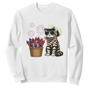 Patriotic Cowboy Cat Sweatshirt 4th Of July Fireworks Celebration