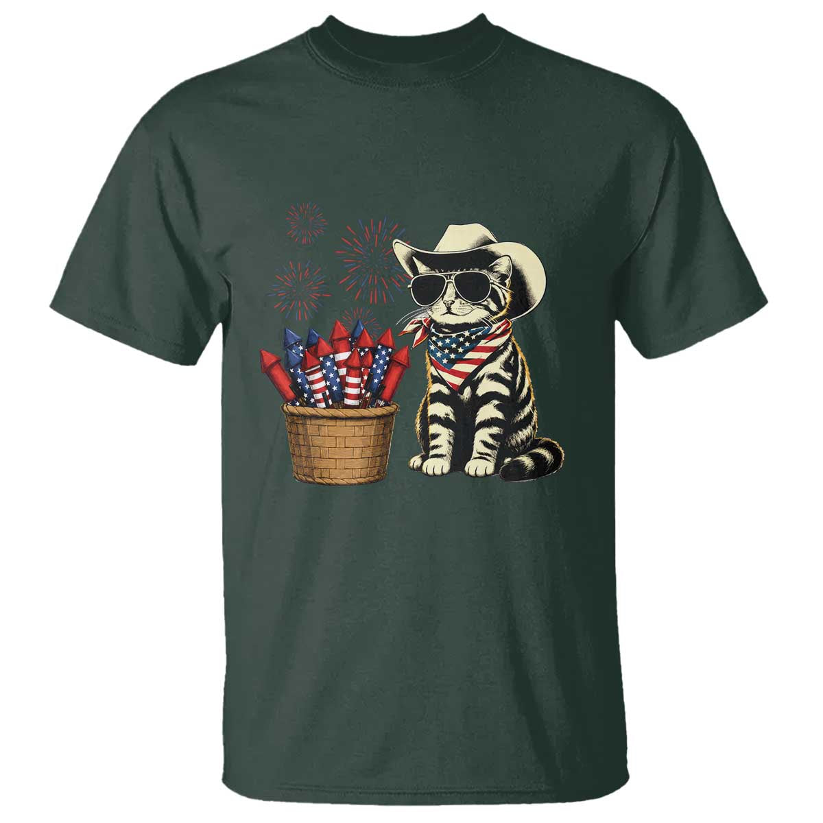 Patriotic Cowboy Cat T Shirt 4th Of July Fireworks Celebration
