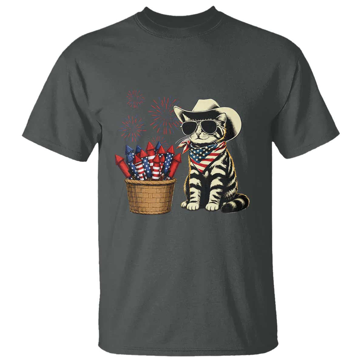 Patriotic Cowboy Cat T Shirt 4th Of July Fireworks Celebration