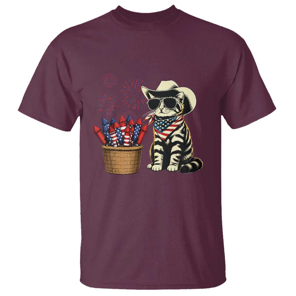 Patriotic Cowboy Cat T Shirt 4th Of July Fireworks Celebration
