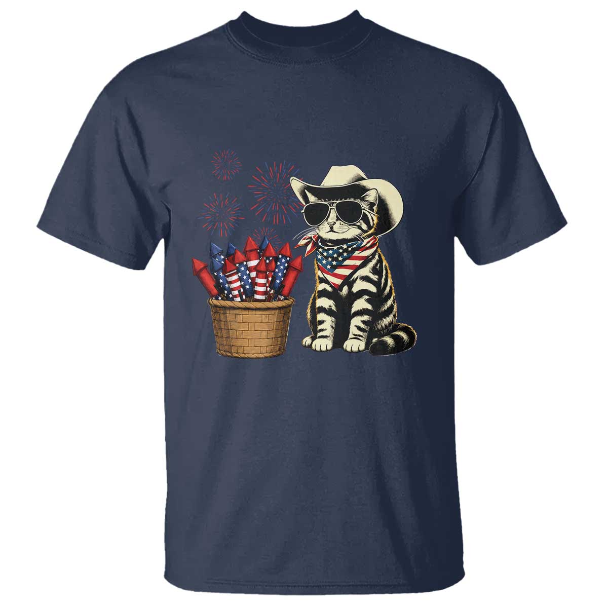 Patriotic Cowboy Cat T Shirt 4th Of July Fireworks Celebration