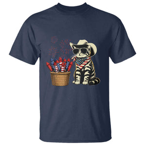 Patriotic Cowboy Cat T Shirt 4th Of July Fireworks Celebration