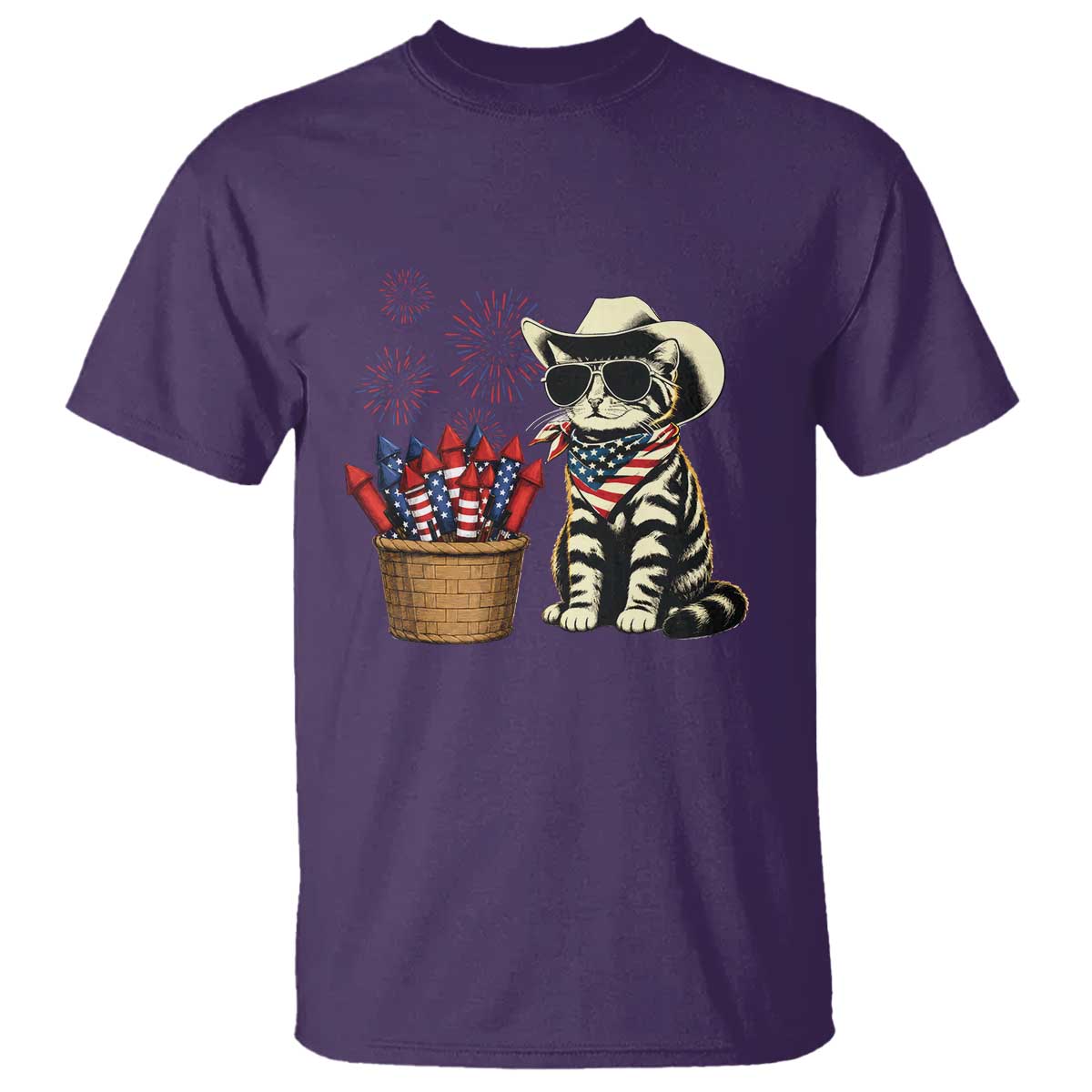 Patriotic Cowboy Cat T Shirt 4th Of July Fireworks Celebration