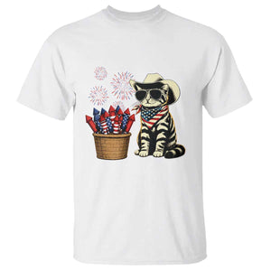 Patriotic Cowboy Cat T Shirt 4th Of July Fireworks Celebration