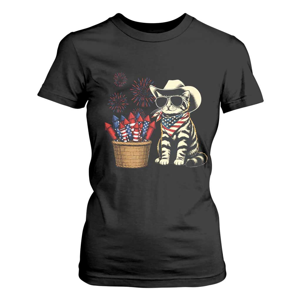 Patriotic Cowboy Cat T Shirt For Women 4th Of July Fireworks Celebration