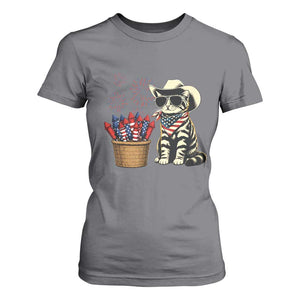 Patriotic Cowboy Cat T Shirt For Women 4th Of July Fireworks Celebration