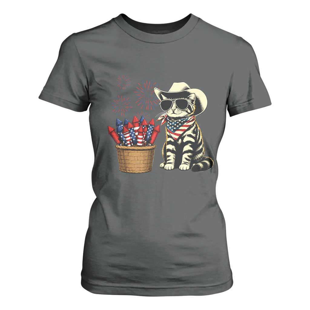 Patriotic Cowboy Cat T Shirt For Women 4th Of July Fireworks Celebration