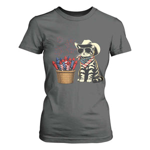 Patriotic Cowboy Cat T Shirt For Women 4th Of July Fireworks Celebration