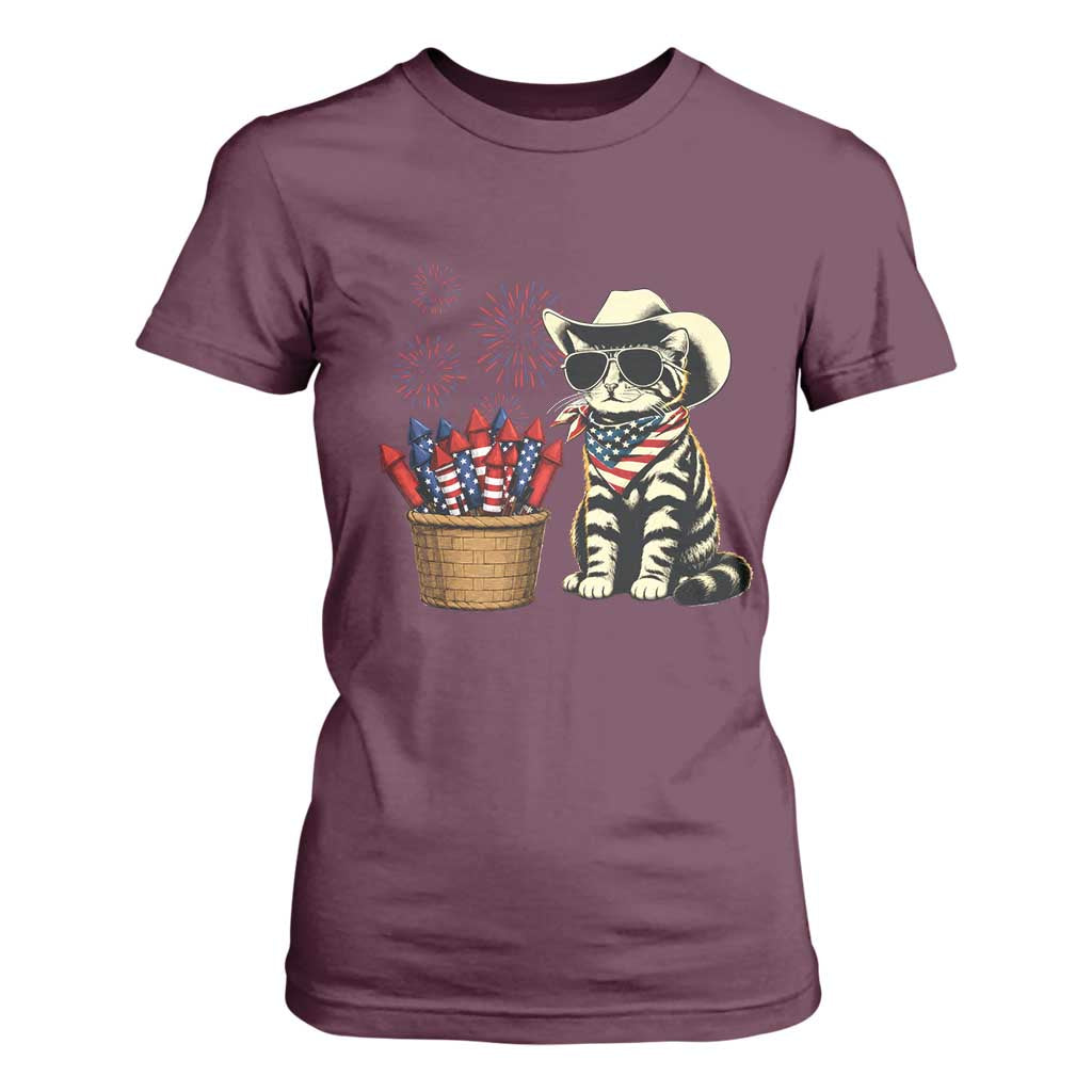Patriotic Cowboy Cat T Shirt For Women 4th Of July Fireworks Celebration