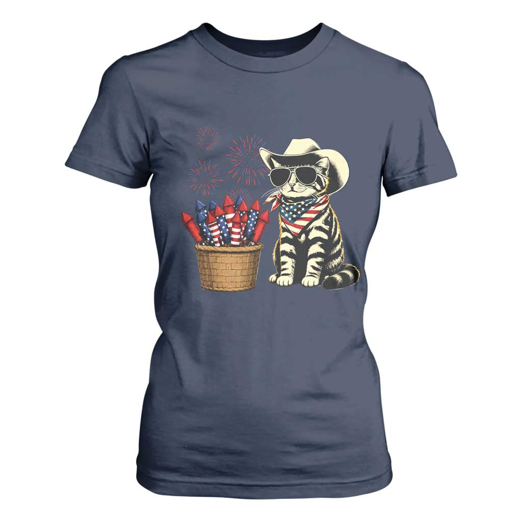 Patriotic Cowboy Cat T Shirt For Women 4th Of July Fireworks Celebration