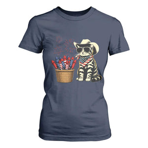 Patriotic Cowboy Cat T Shirt For Women 4th Of July Fireworks Celebration