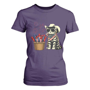 Patriotic Cowboy Cat T Shirt For Women 4th Of July Fireworks Celebration