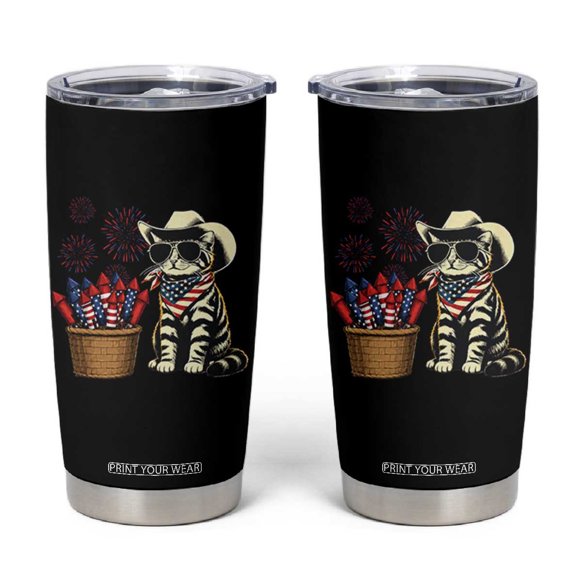 Patriotic Cowboy Cat Tumbler Cup 4th Of July Fireworks Celebration TS12 Black Print Your Wear