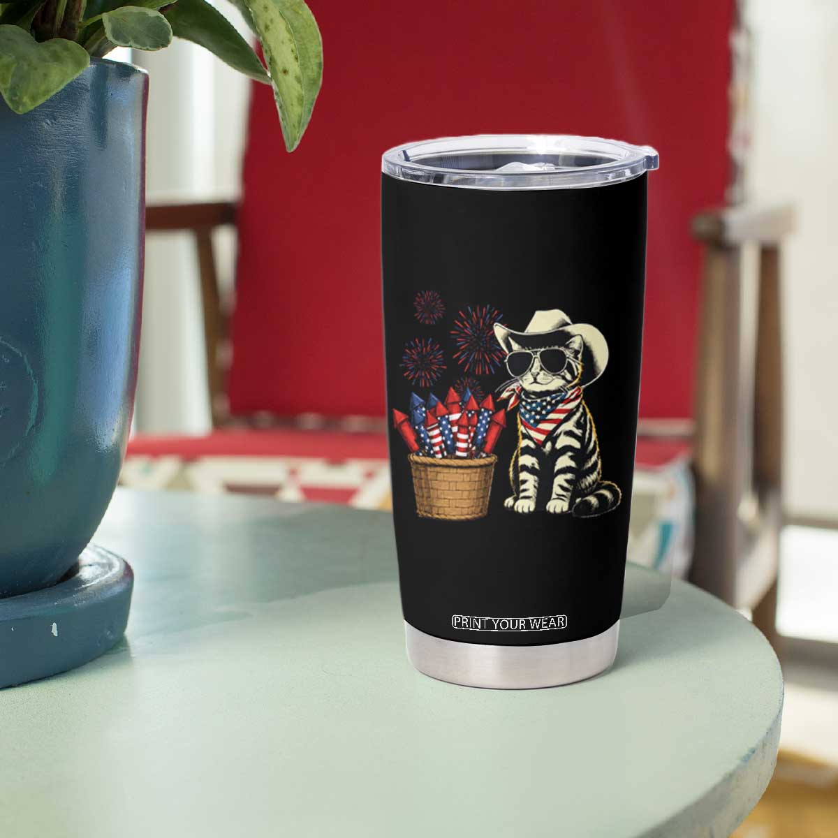 Patriotic Cowboy Cat Tumbler Cup 4th Of July Fireworks Celebration
