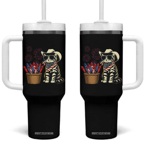 Patriotic Cowboy Cat Tumbler With Handle 4th Of July Fireworks Celebration
