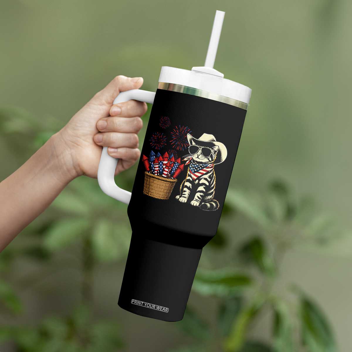 Patriotic Cowboy Cat Tumbler With Handle 4th Of July Fireworks Celebration
