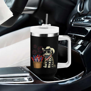 Patriotic Cowboy Cat Tumbler With Handle 4th Of July Fireworks Celebration