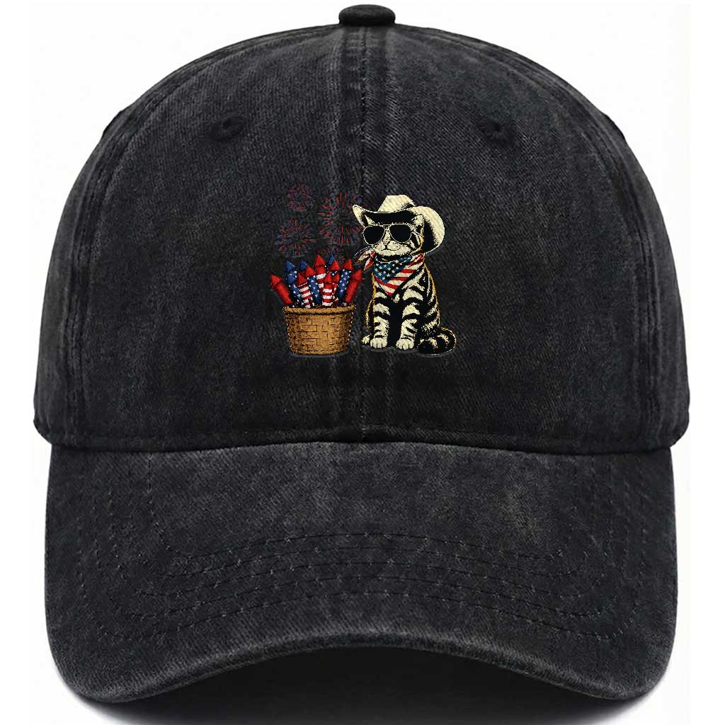 Patriotic Cowboy Cat Washed Cotton Baseball Cap 4th Of July Fireworks Celebration
