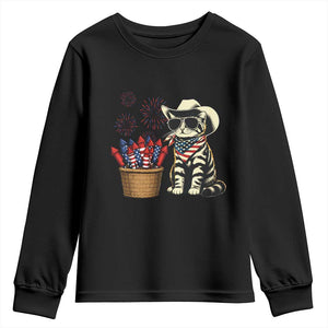 Patriotic Cowboy Cat Youth Sweatshirt 4th Of July Fireworks Celebration