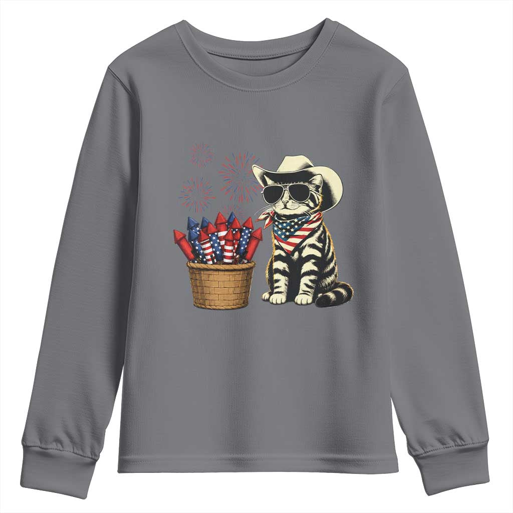 Patriotic Cowboy Cat Youth Sweatshirt 4th Of July Fireworks Celebration
