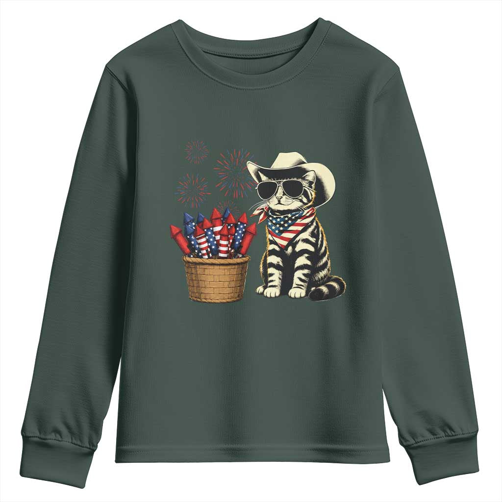 Patriotic Cowboy Cat Youth Sweatshirt 4th Of July Fireworks Celebration