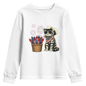 Patriotic Cowboy Cat Youth Sweatshirt 4th Of July Fireworks Celebration