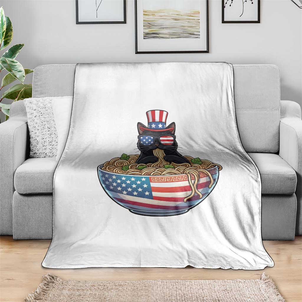 Funny Black Cats Eat Ramen Throw Blanket American Flag 4th Of July