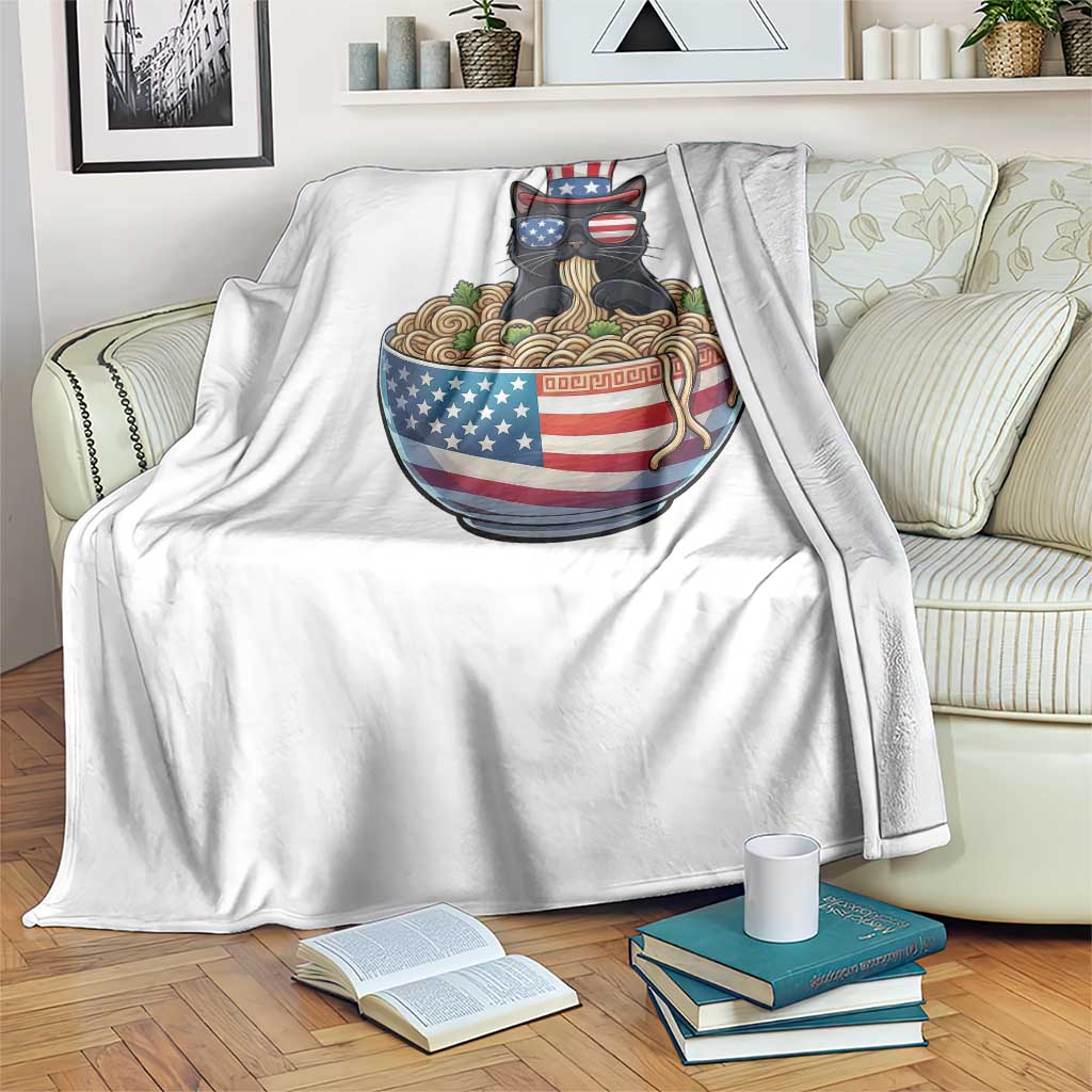 Funny Black Cats Eat Ramen Throw Blanket American Flag 4th Of July