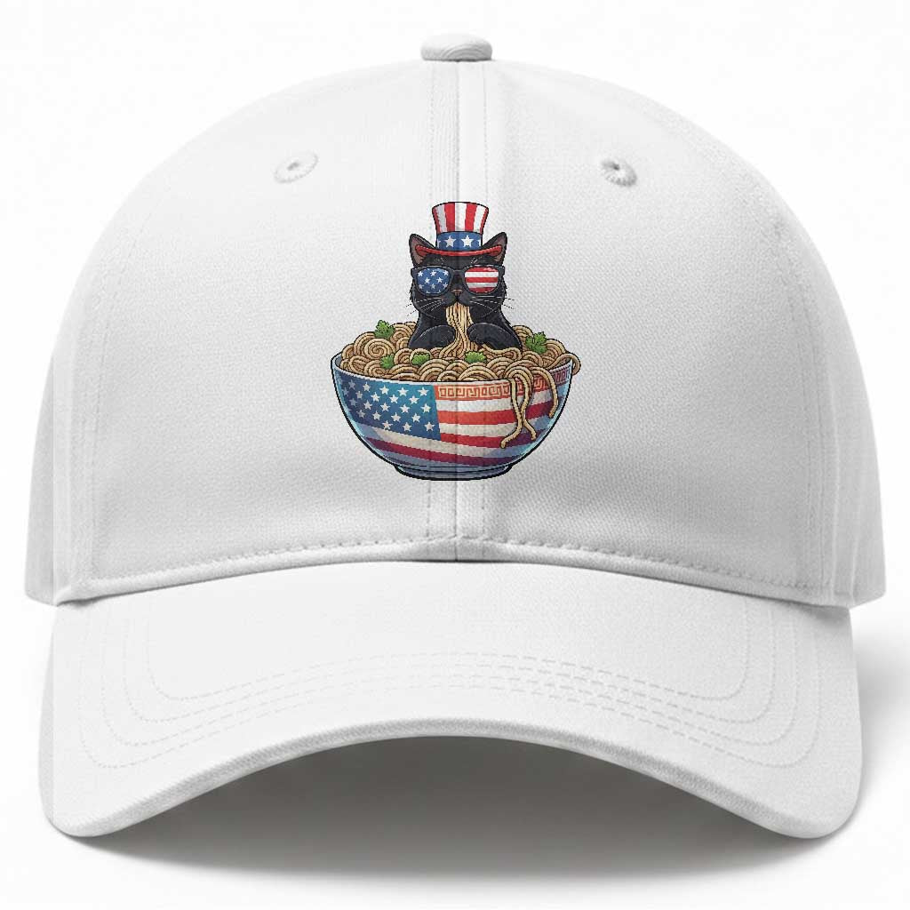 Funny Black Cats Eat Ramen Baseball Cap American Flag 4th Of July