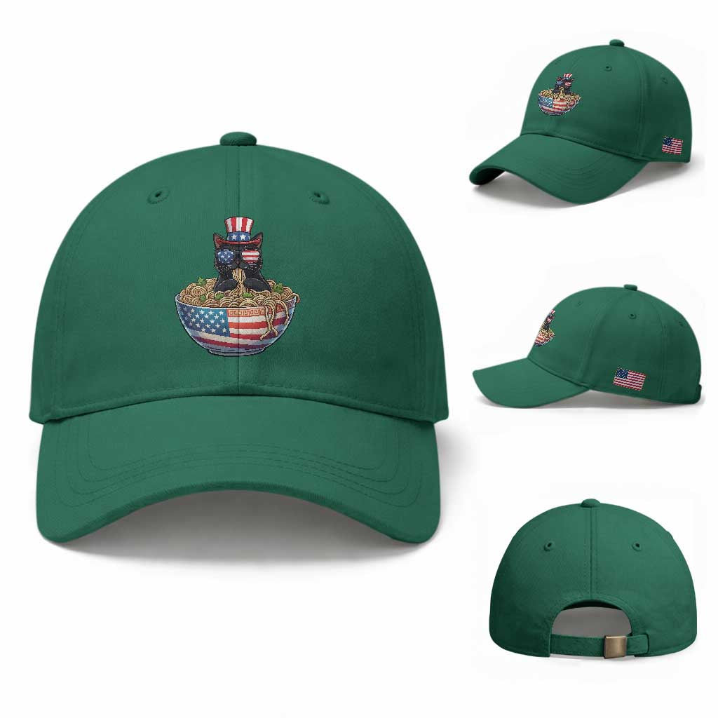 Funny Black Cats Eat Ramen Baseball Cap American Flag 4th Of July