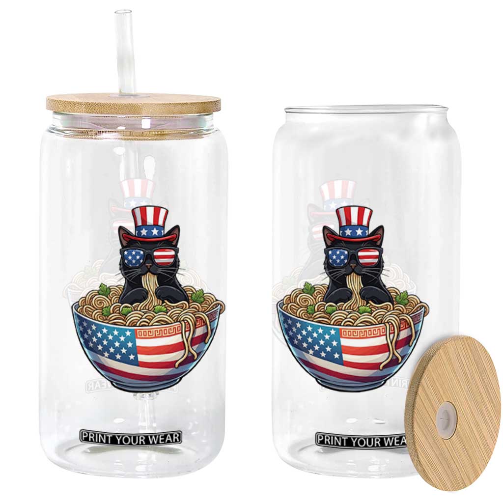Funny Black Cats Eat Ramen Glass Can American Flag 4th Of July