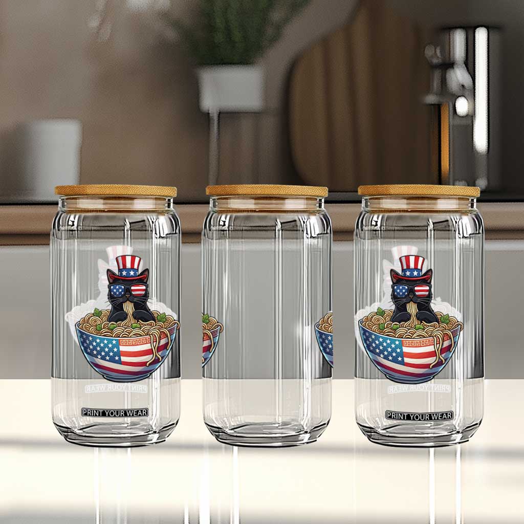 Funny Black Cats Eat Ramen Glass Can American Flag 4th Of July