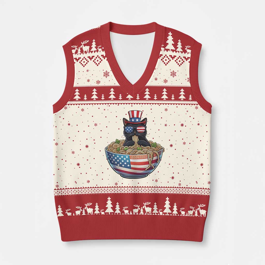 Funny Black Cats Eat Ramen V-Neck Knit Sweater Vest American Flag 4th Of July TS12 Beige Red Print Your Wear