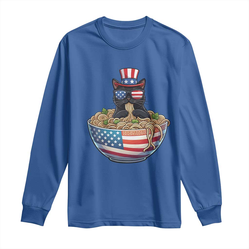 Funny Black Cats Eat Ramen Long Sleeve Shirt American Flag 4th Of July
