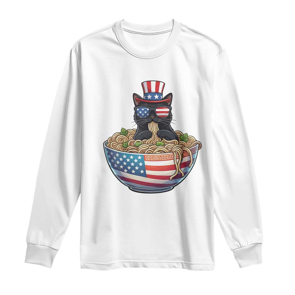 Funny Black Cats Eat Ramen Long Sleeve Shirt American Flag 4th Of July