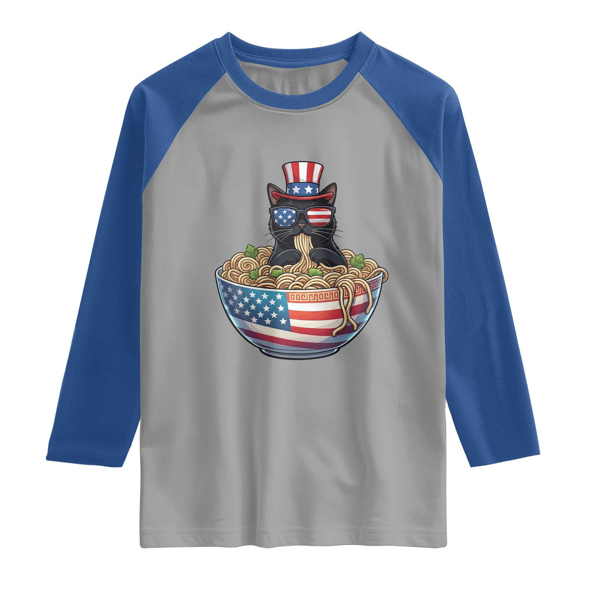 Funny Black Cats Eat Ramen Raglan Shirt American Flag 4th Of July