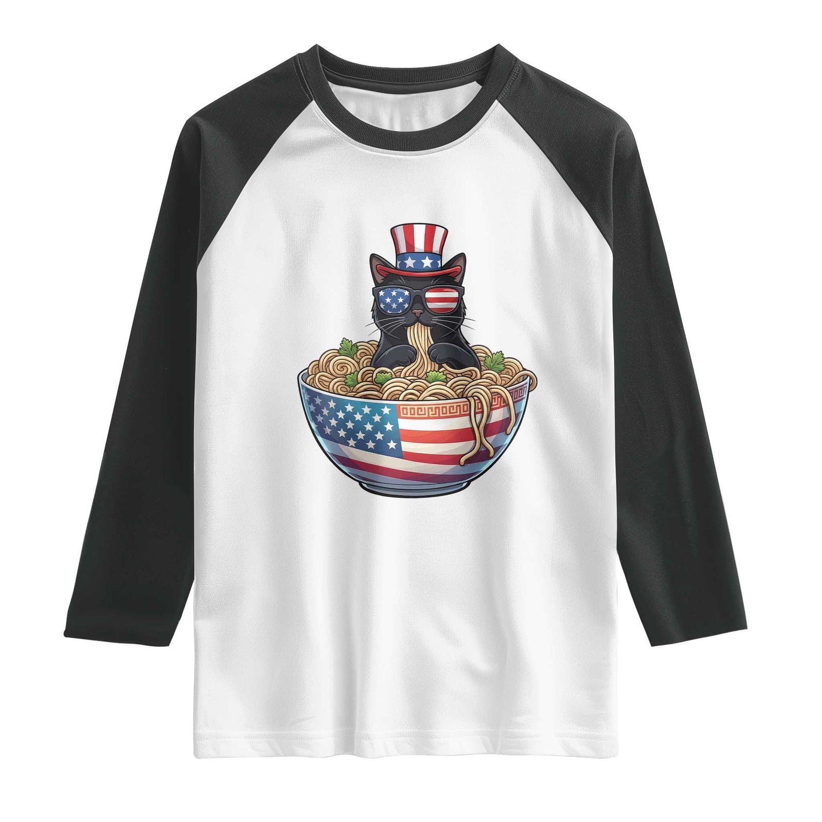 Funny Black Cats Eat Ramen Raglan Shirt American Flag 4th Of July TS12 White Black Print Your Wear