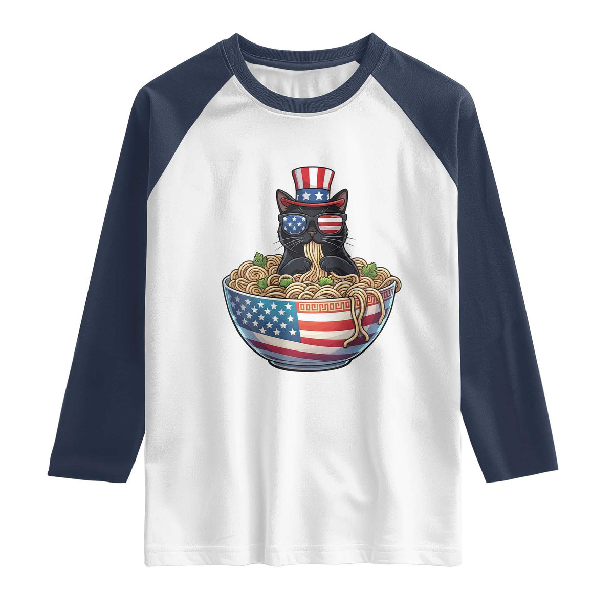 Funny Black Cats Eat Ramen Raglan Shirt American Flag 4th Of July