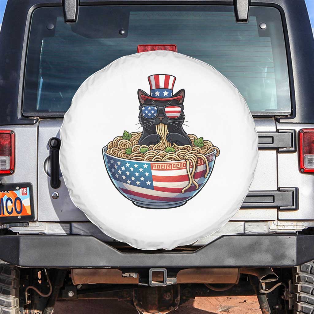 Funny Black Cats Eat Ramen Spare Tire Cover American Flag 4th Of July TS12 No hole White Print Your Wear